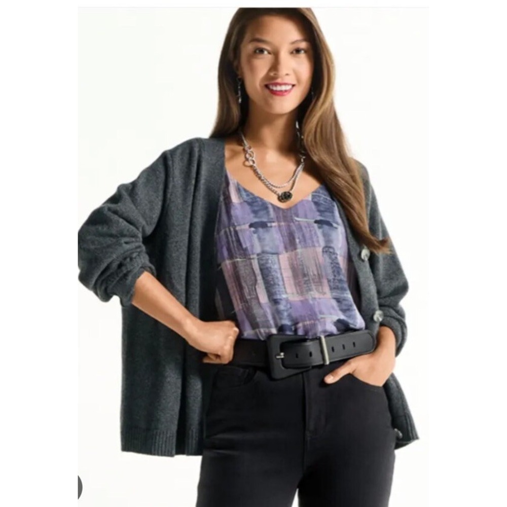 Cabi Quiz Top 4361 Purple Pink Blue Block Paint Geometric V-Neck Blouse L